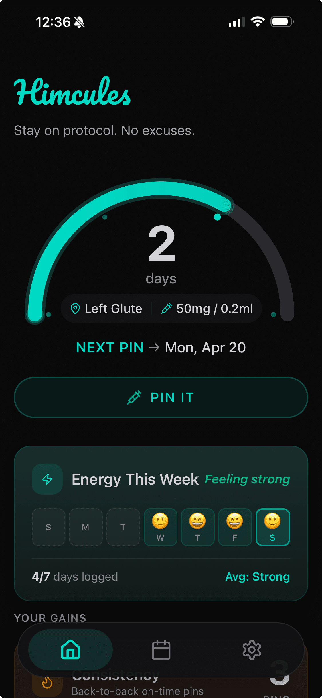 Himcules home screen showing the Pacifico wordmark, a three-day countdown arc, and a teal PIN IT button